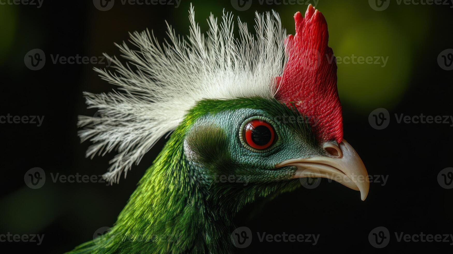 A green bird with a red head and white feathers photo