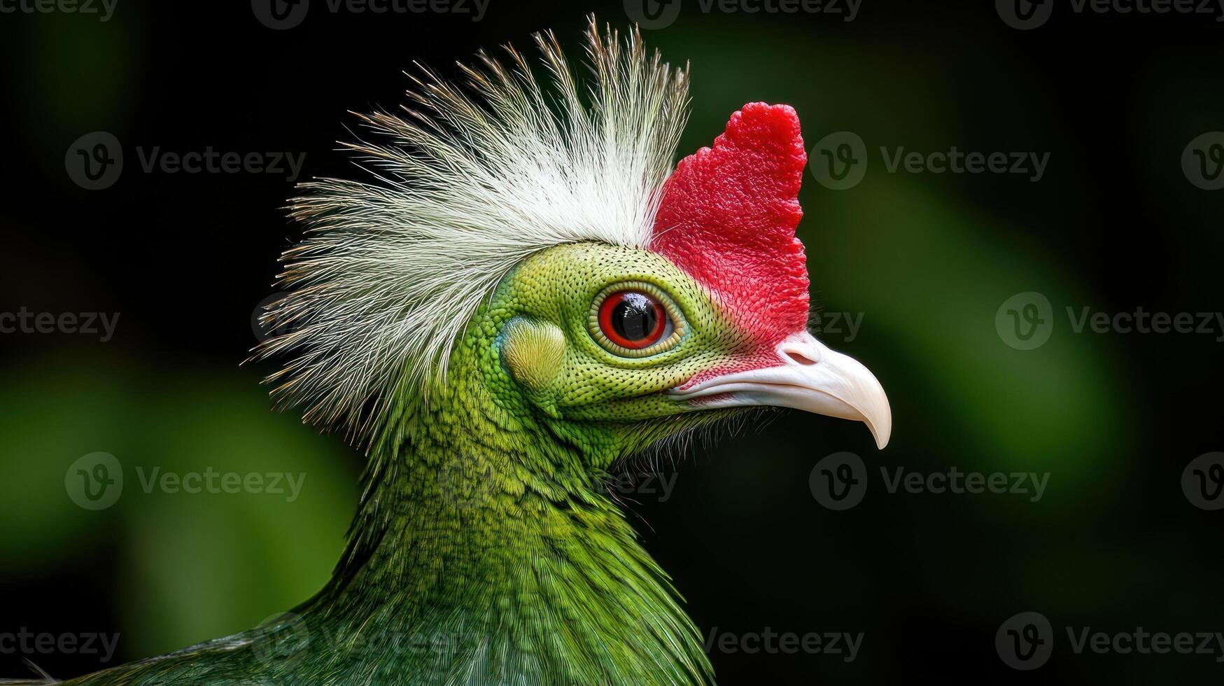 A green bird with a red head and a white feather photo