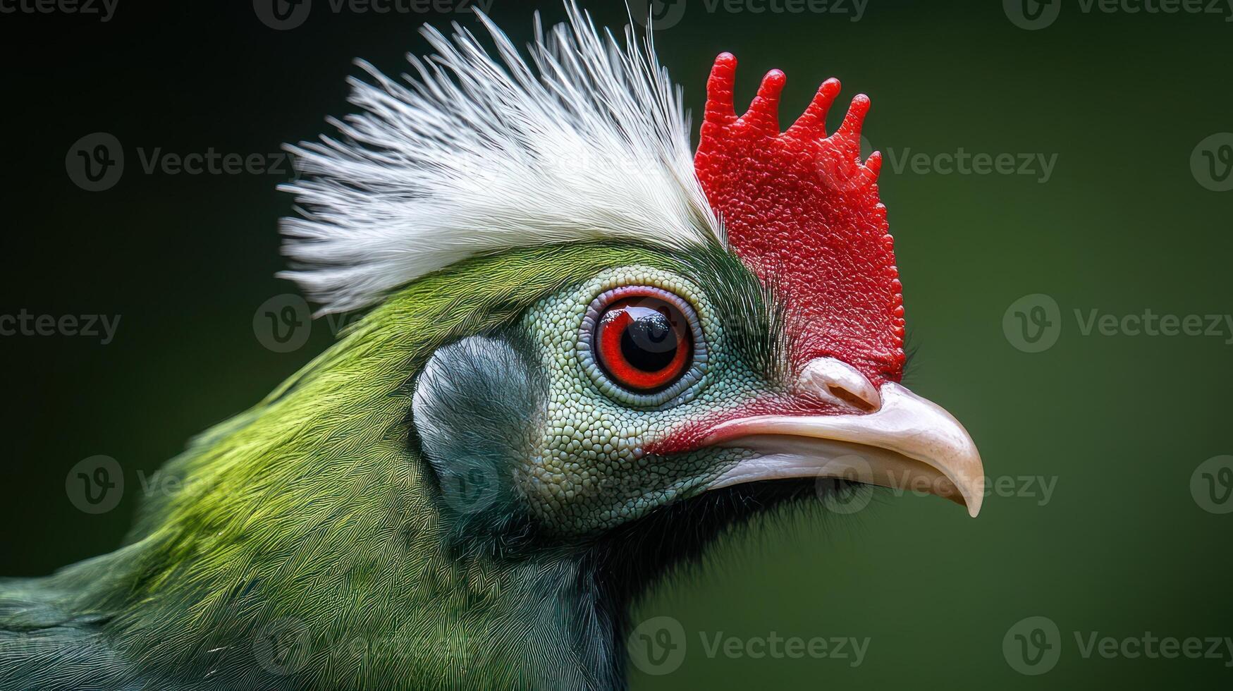 A close up of a green bird with a red head photo