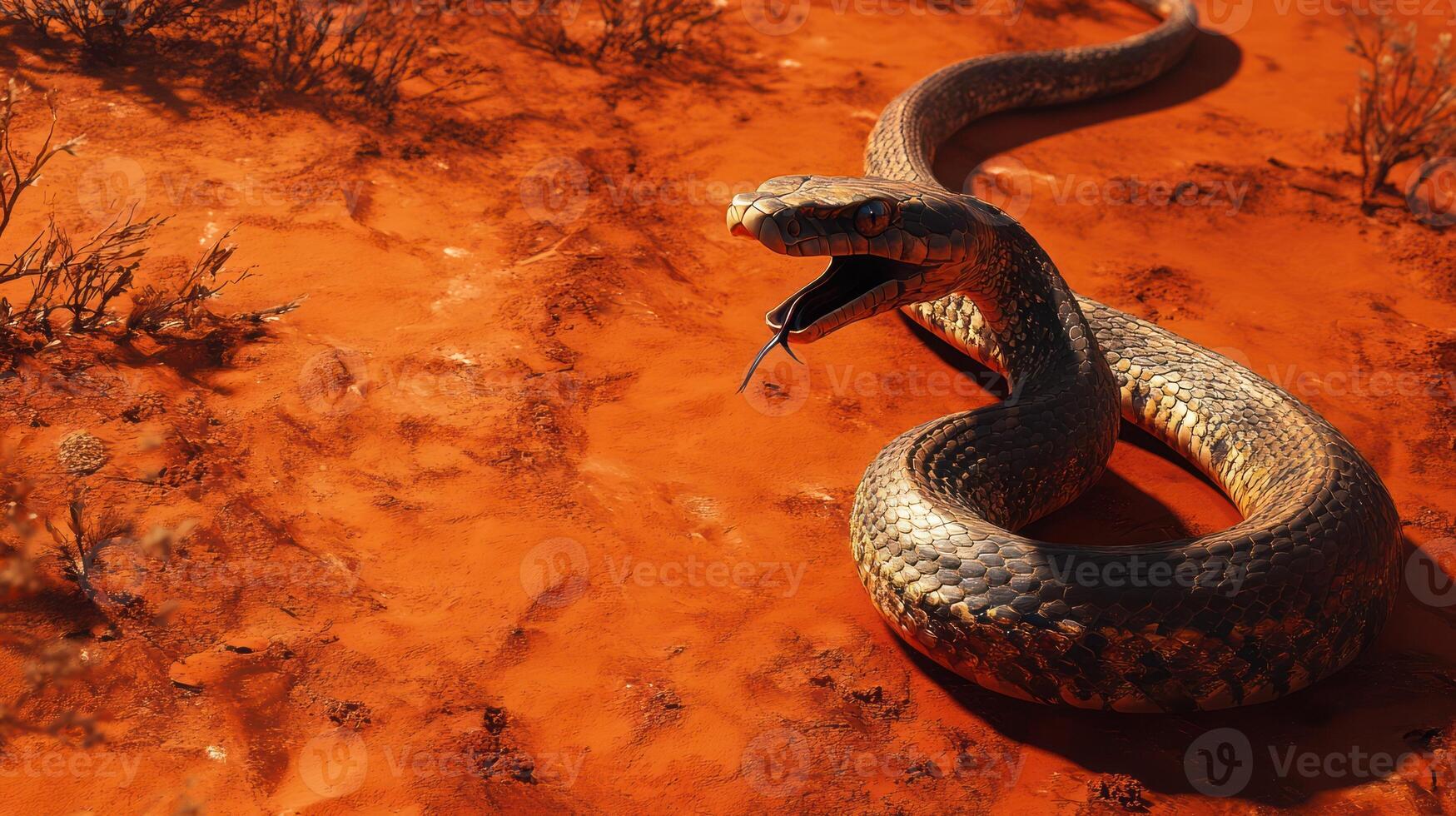 A snake with its mouth open on a red desert photo