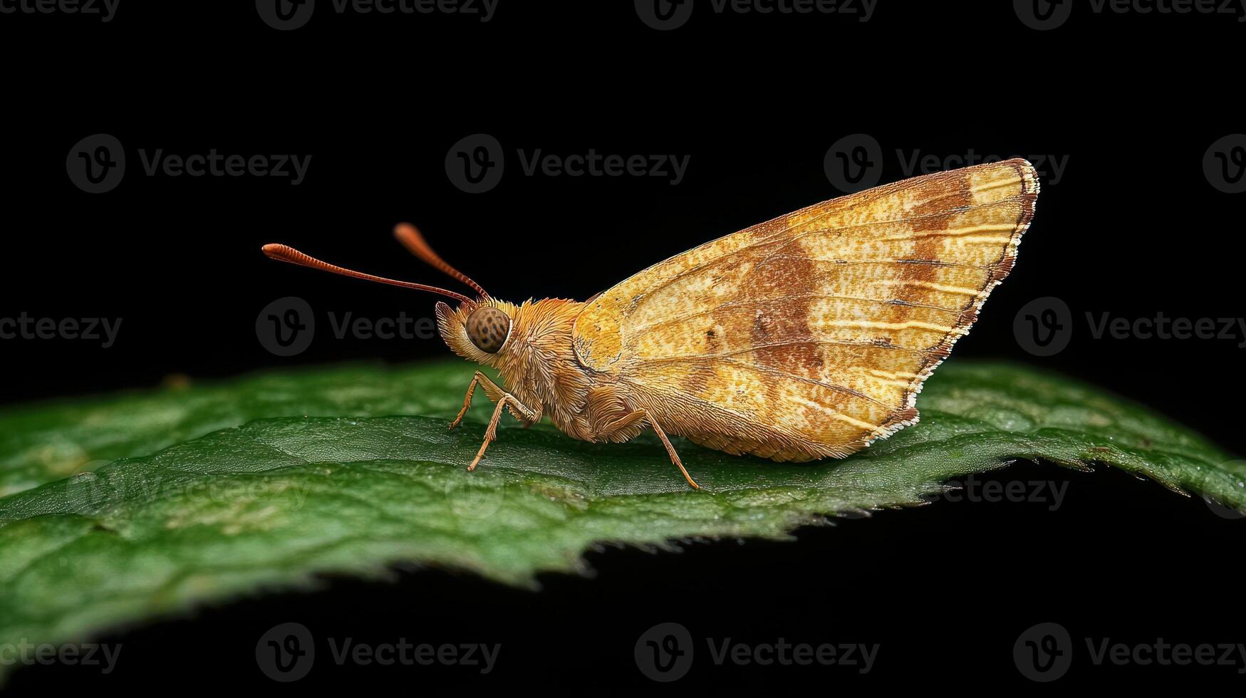 A small brown butterfly on a green leaf photo