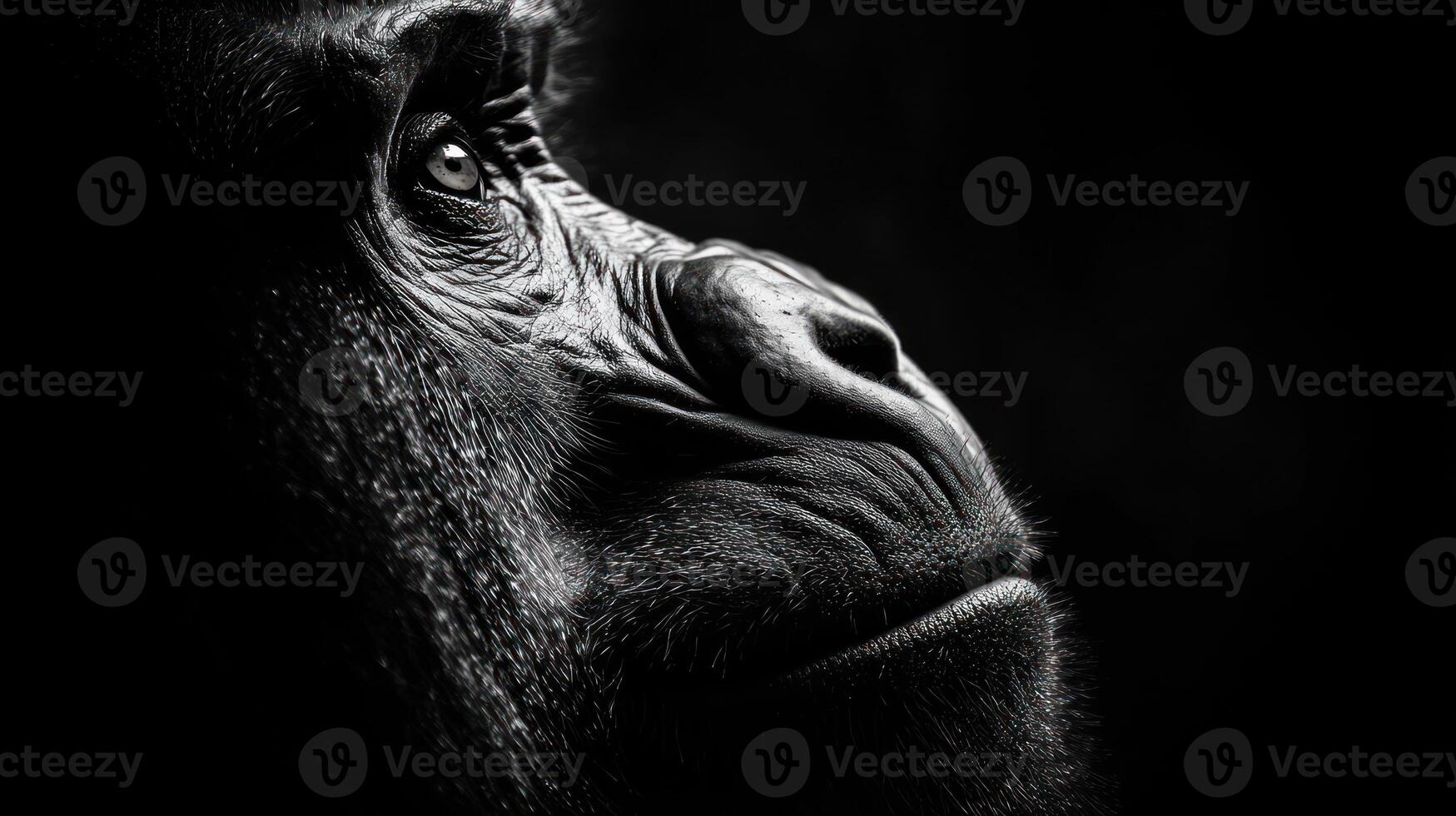 A black and white photo of a gorilla's face