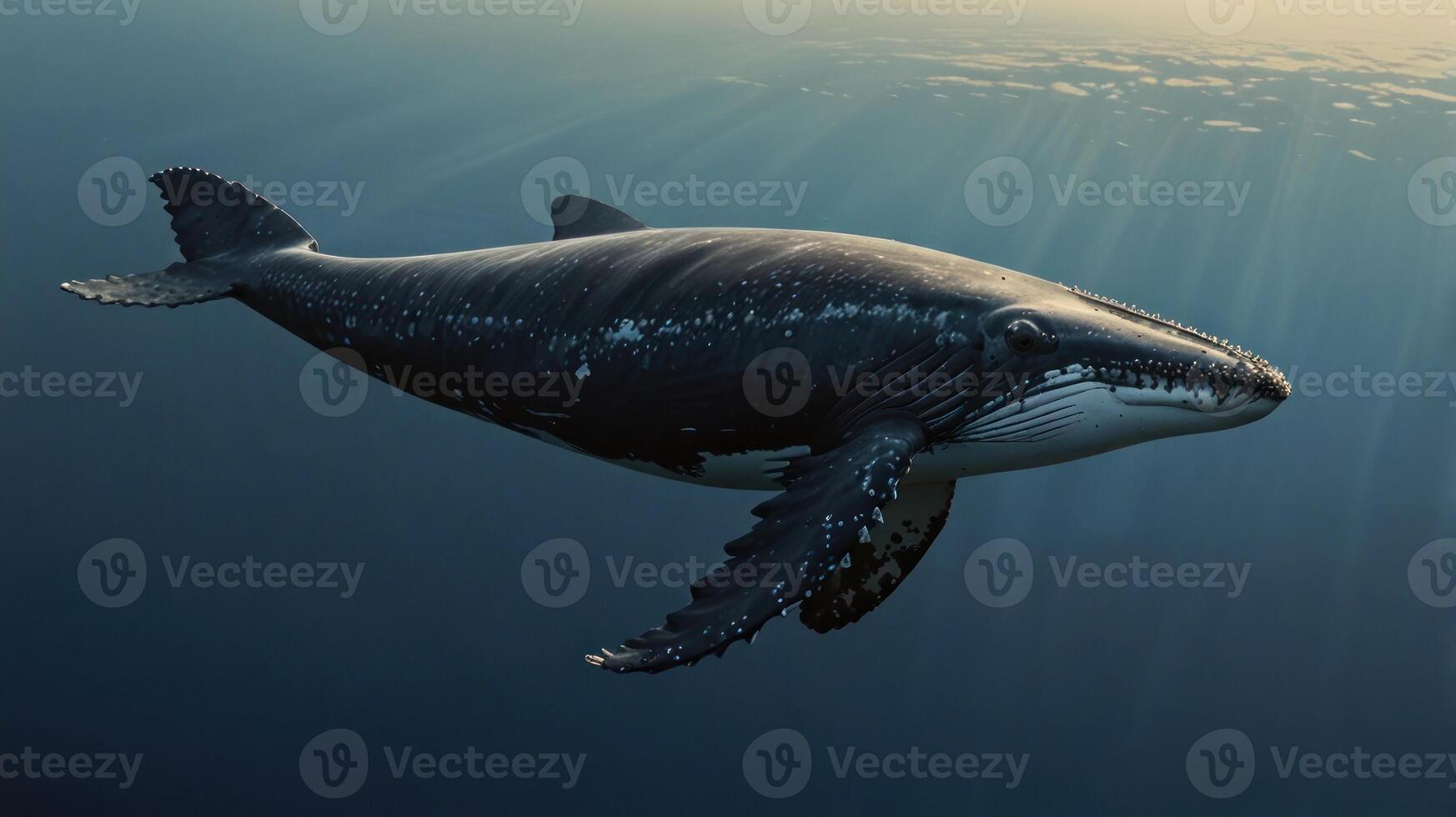 A whale swimming in the ocean with sunlight coming through photo