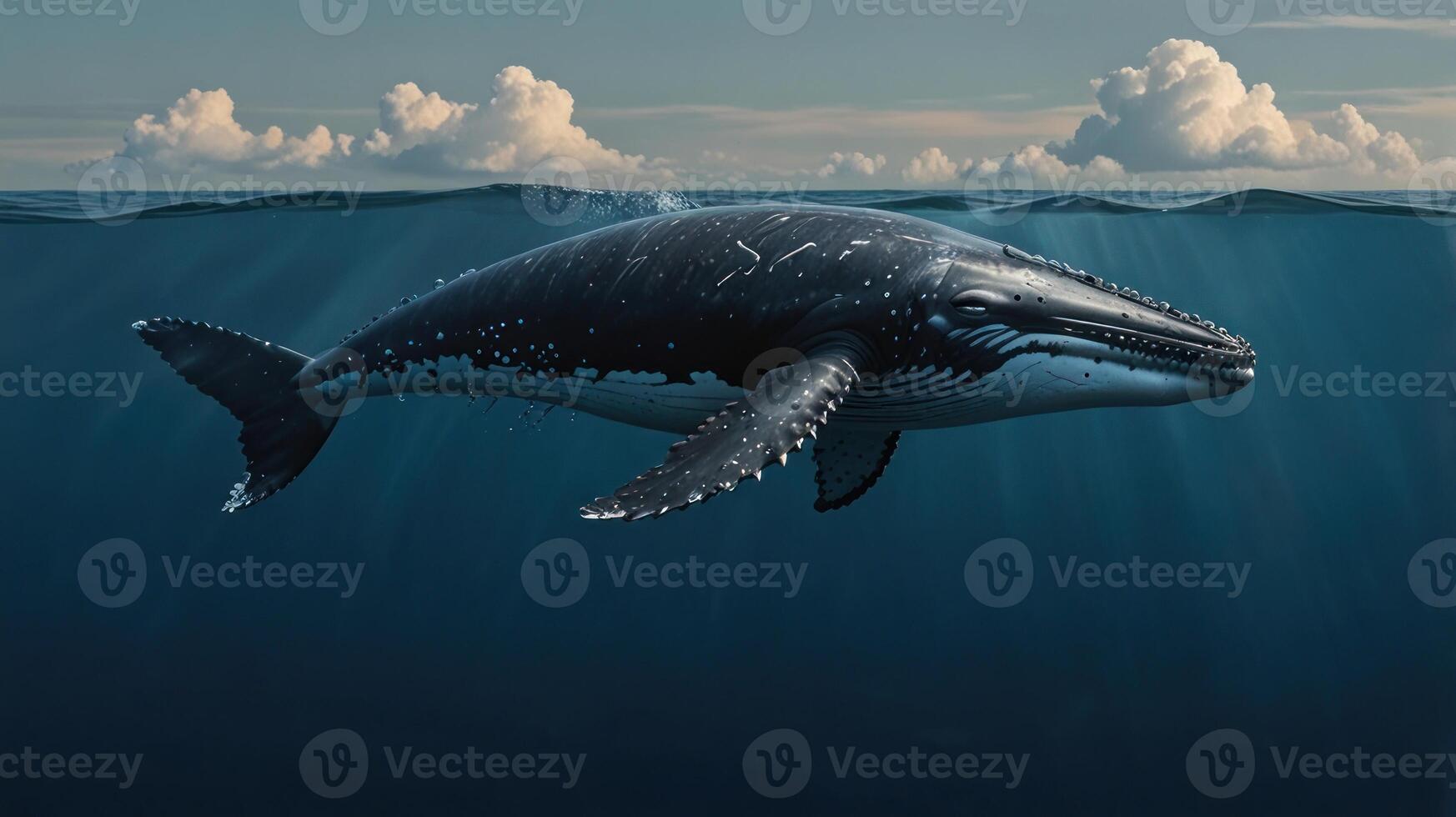 A whale swimming in the ocean with clouds in the background photo