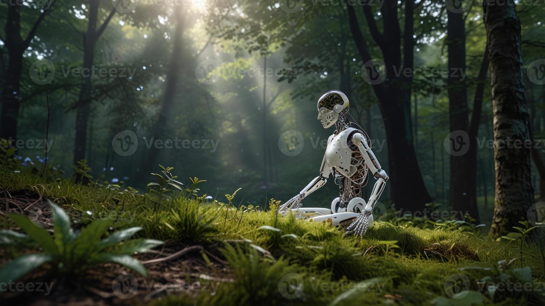 A robot sitting in the middle of a forest photo