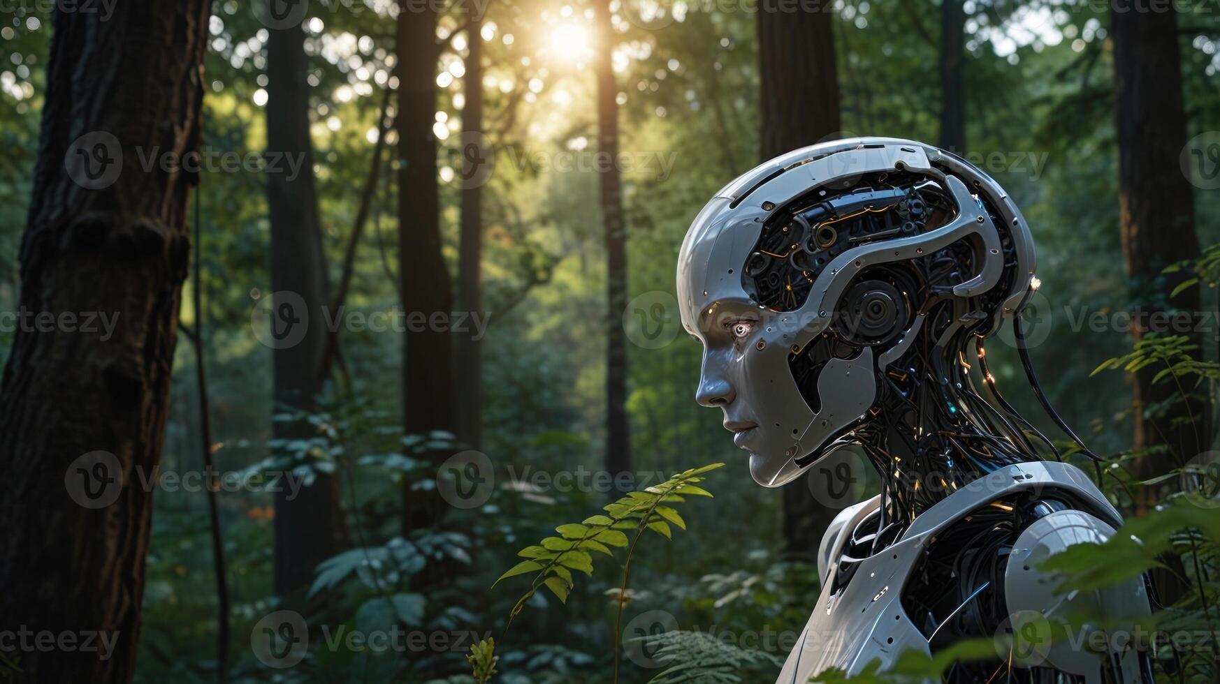 A robot in the woods with trees and sunlight photo