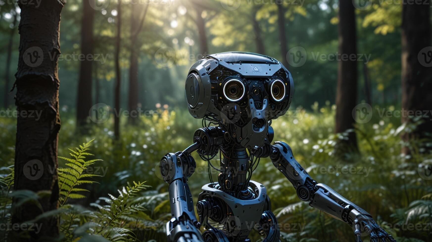 A robot in the woods with a sun shining through the trees photo