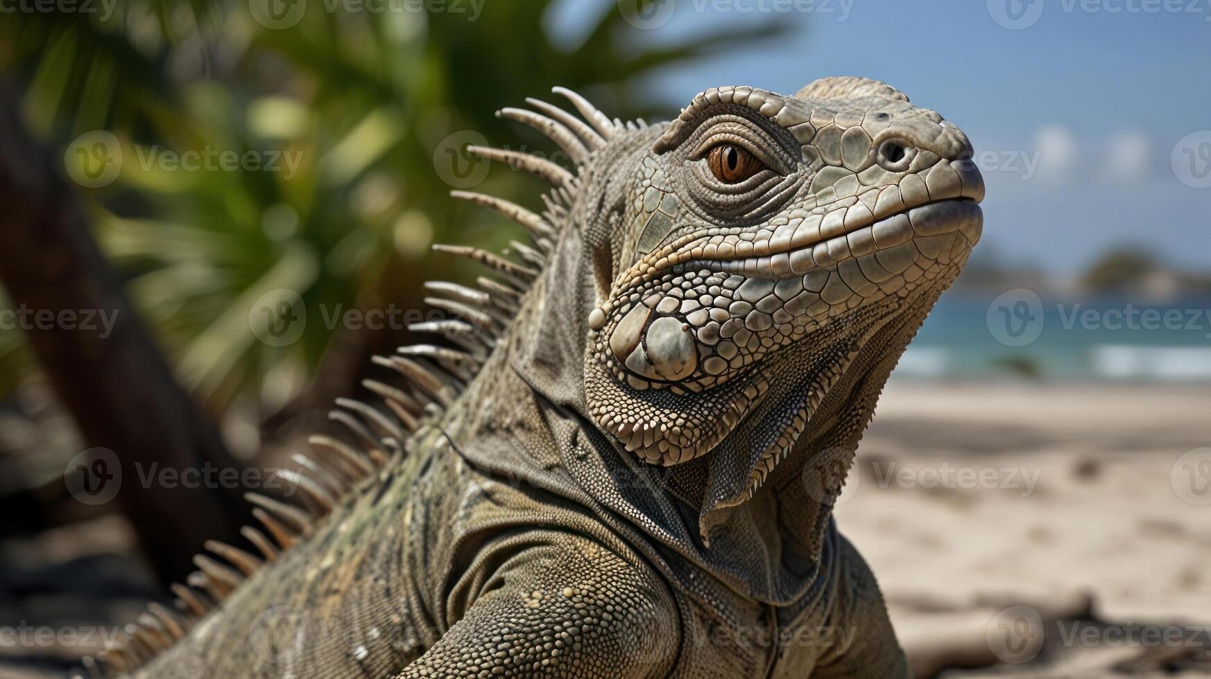 An iguana on the beach with a palm tree in the background photo