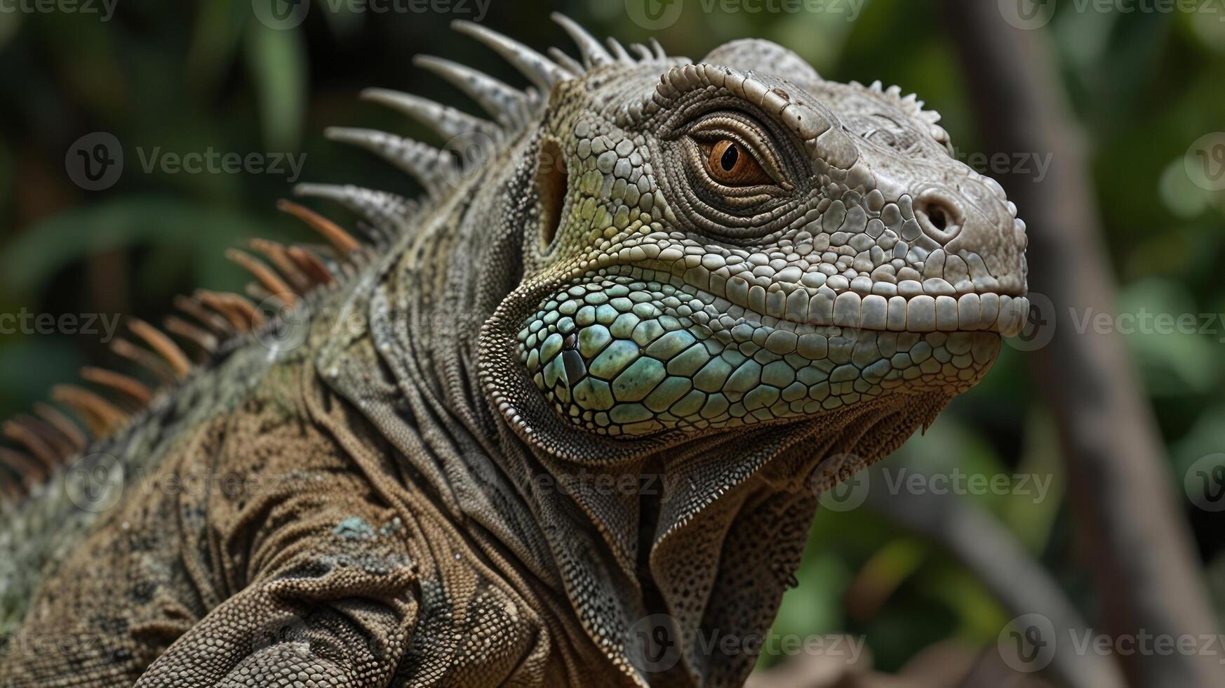 An iguana with a green and blue face photo