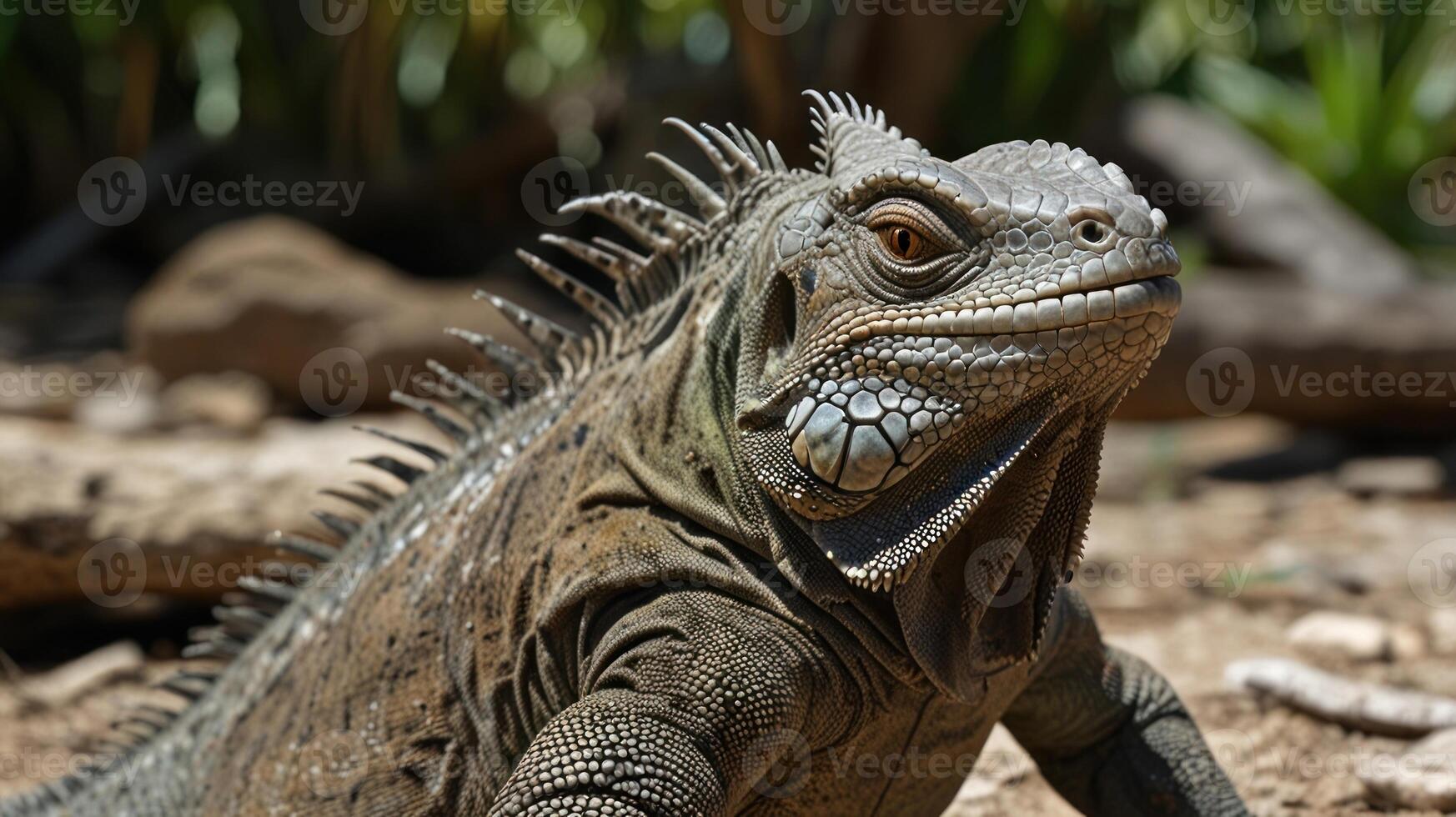 An iguana is walking on the ground photo