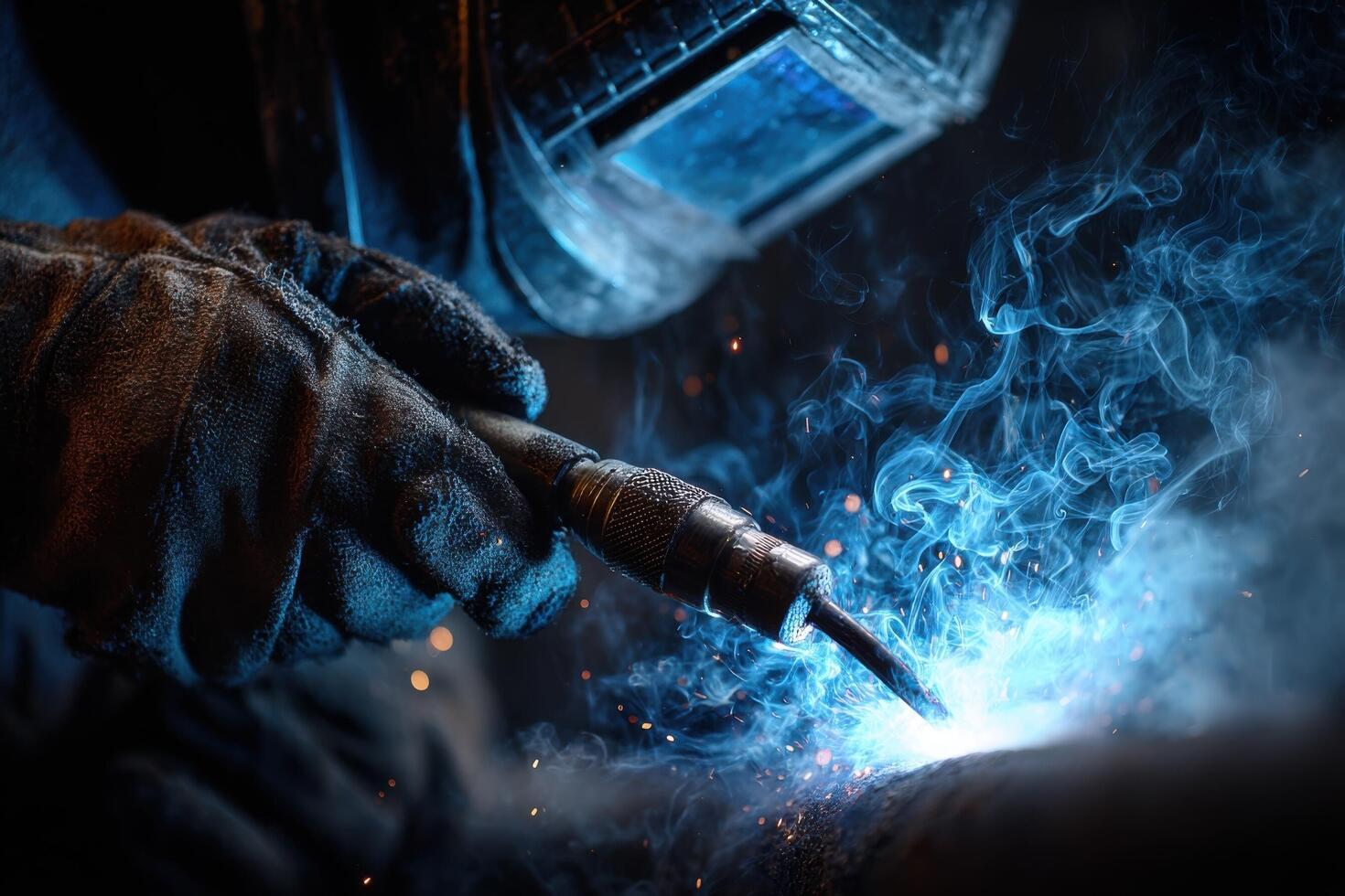A welder focuses intently on a metal piece, generating bright blue sparks and swirling smoke in a dimly lit workshop during nighttime photo