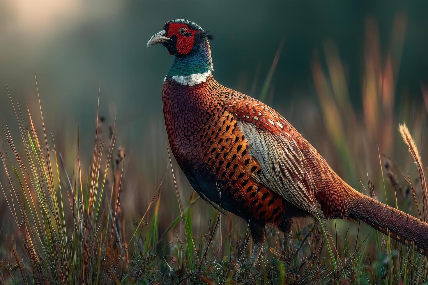 A vibrant pheasant displays its striking plumage among lush grass at dawn, showcasing nature's beauty and tranquility photo