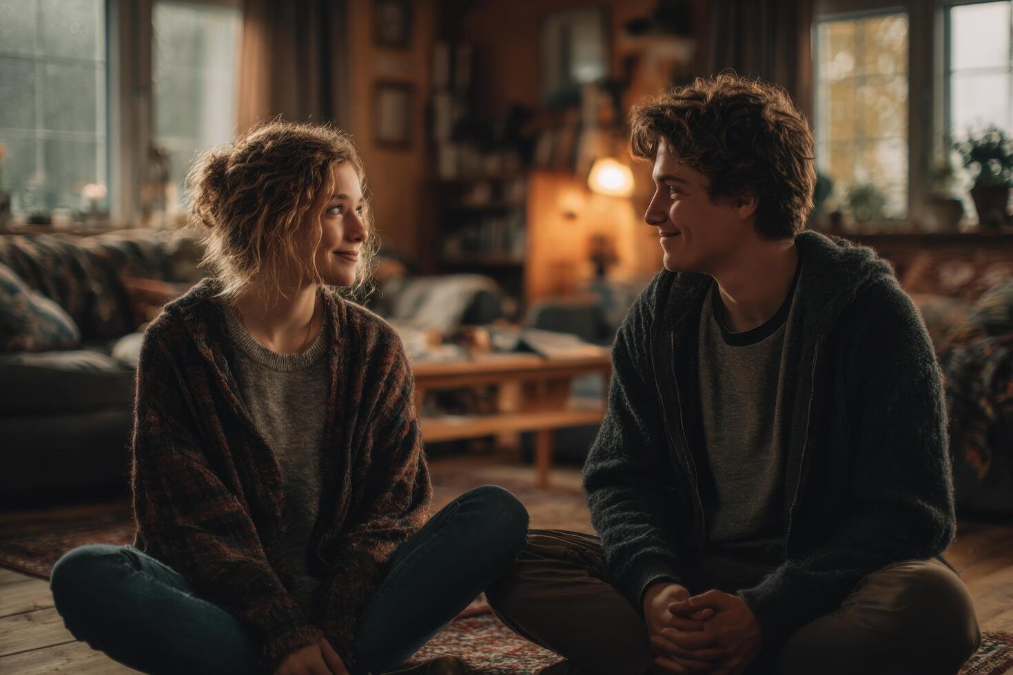 Two friends sit cross-legged on the floor, sharing a joyful conversation in a cozy cabin adorned with autumn decorations photo