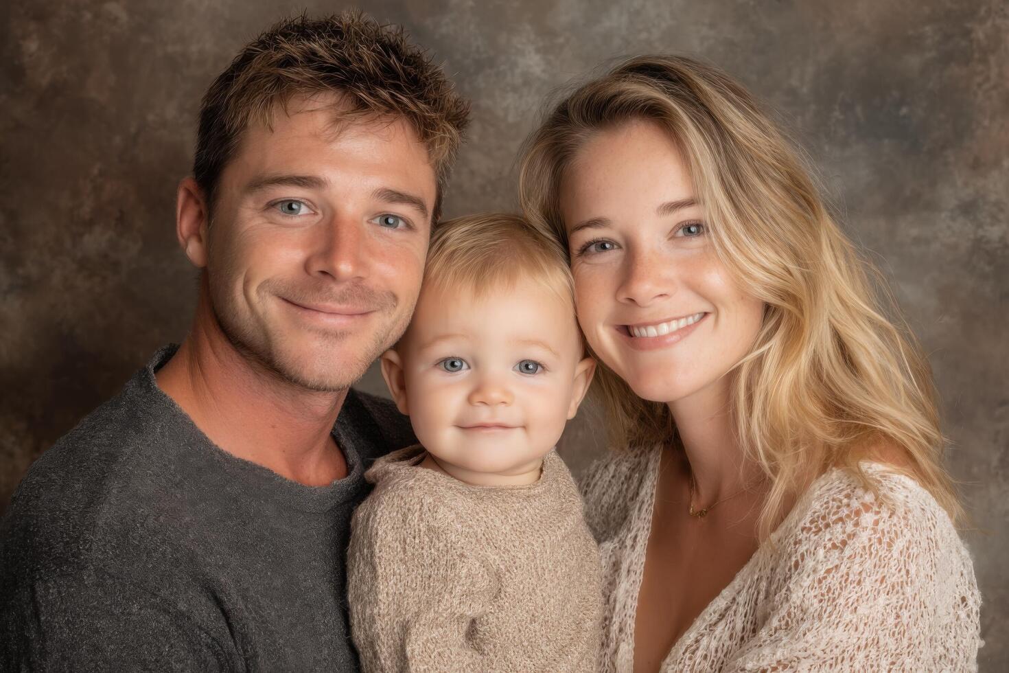 Parents joyfully pose with their adorable baby, all wearing soft, neutral clothing, in a warm, inviting studio atmosphere photo