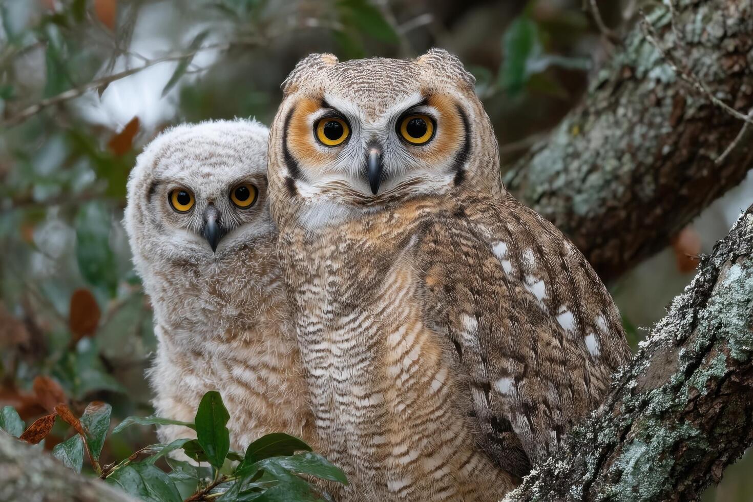 A young and adult owl rest closely on a tree branch, surrounded by leaves, exhibiting distinct feather patterns in soft morning light photo