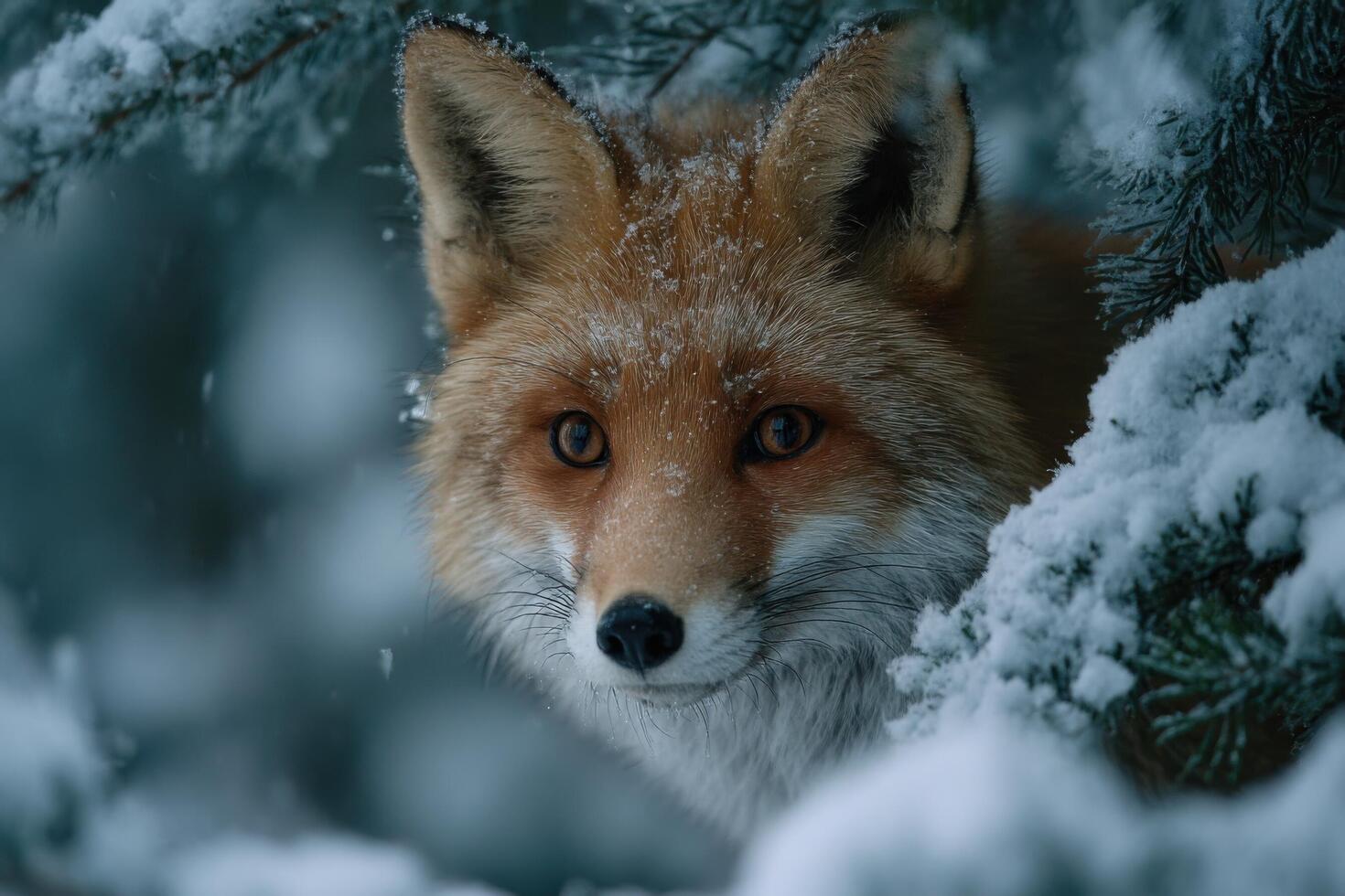 A red fox cautiously watches from behind snowy pine branches in a tranquil winter forest, showcasing its bright fur against the white background photo