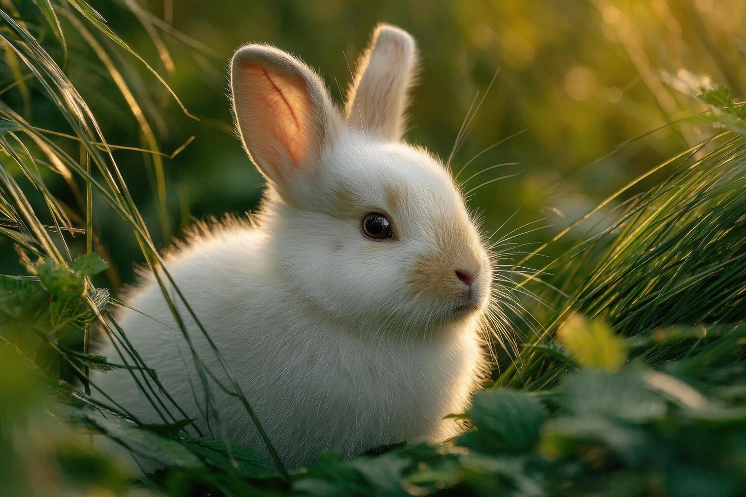 A fluffy white rabbit curiously navigates through vibrant green grass under the warm glow of sunset, surrounded by nature photo