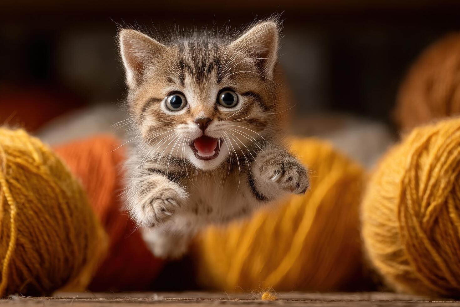 A cheerful kitten leaps joyfully in a warm room filled with vibrant yarn balls, showcasing playful feline energy and curiosity photo