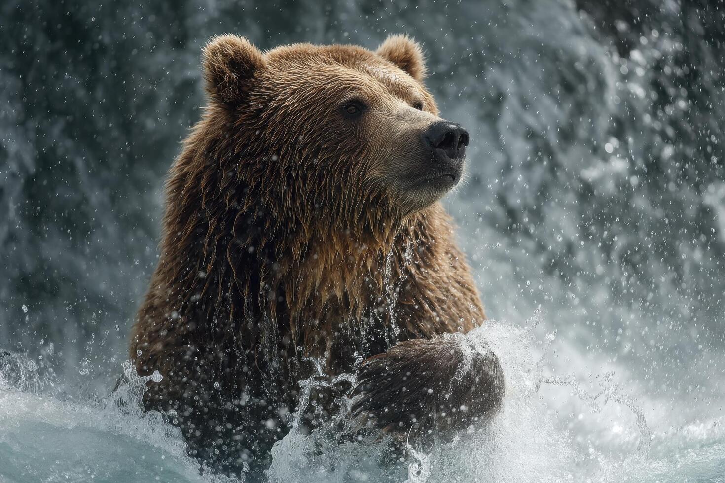 A large brown bear stands in shallow water, splashing as it searches for fish, surrounded by a tranquil, flowing river backdrop photo