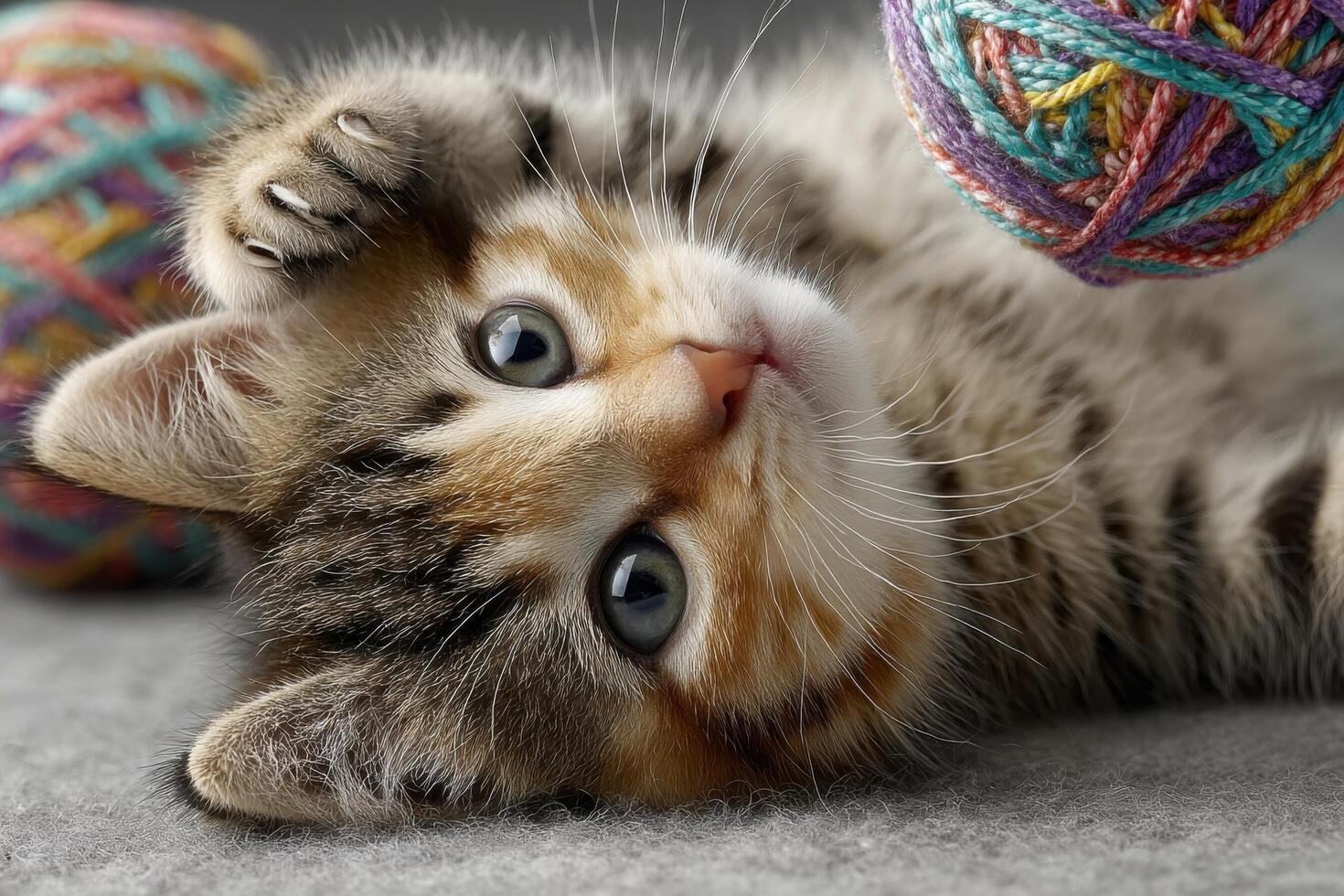 A young striped kitten plays with vibrant yarn balls while lying on a soft surface, showcasing its playful side in a warm atmosphere photo