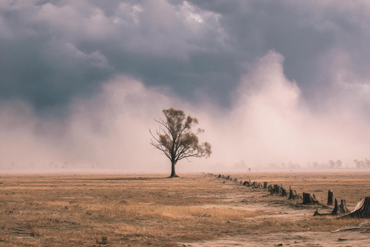 A solitary tree rises in a dusty field as dark clouds gather overhead, creating an atmosphere of impending rain and change at dusk photo