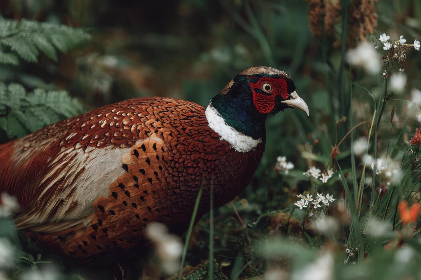 A striking pheasant searches for food among wildflowers in a lush green environment, illuminated by soft morning sunlight photo