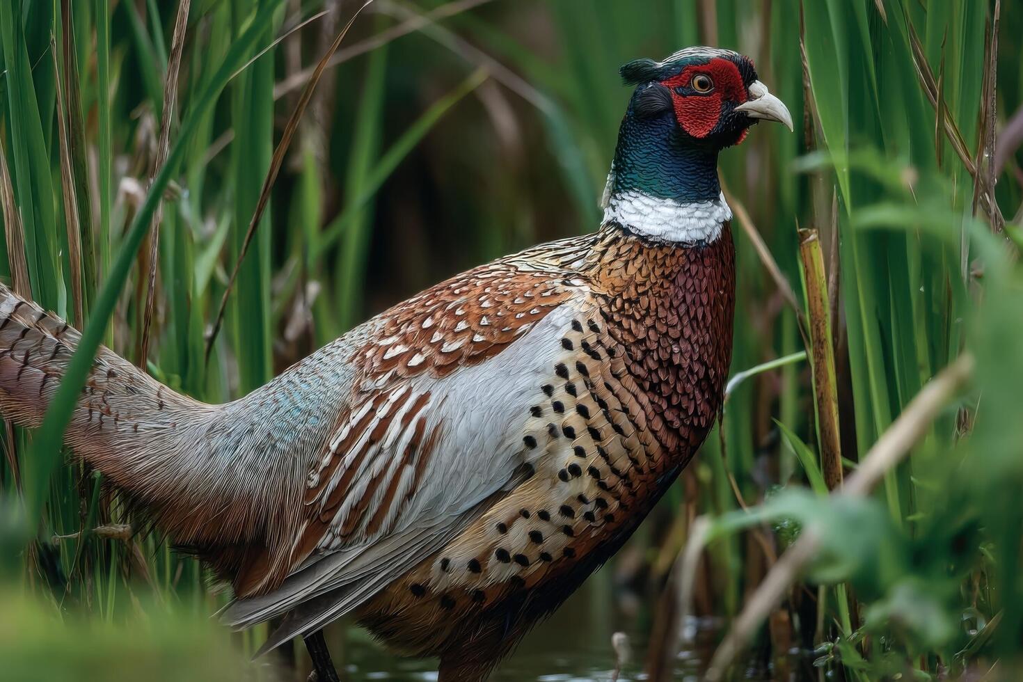 A vibrant pheasant is foraging in the lush greenery by a calm pond, showcasing its striking plumage under the sunlight photo
