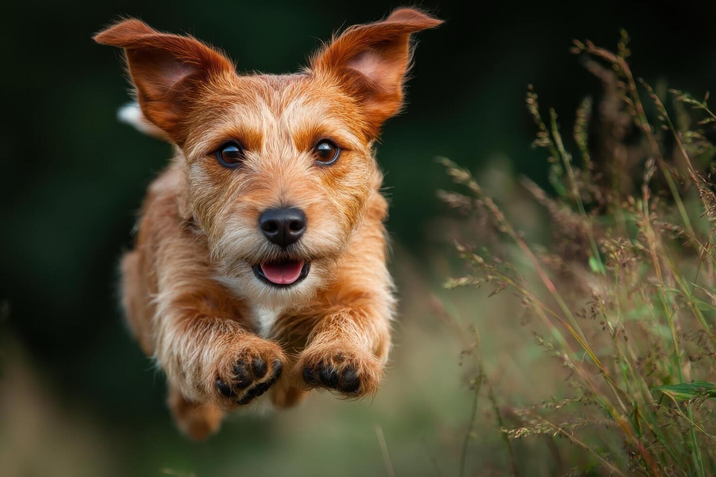 A playful dog jumps with excitement in a lush grassy area filled with wildflowers under clear blue skies photo