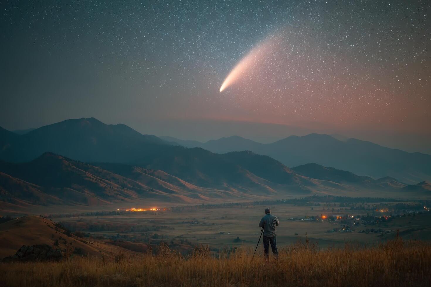 A person stands on a hillside, observing a bright comet streaking across the night sky, surrounded by mountains and a valley below photo