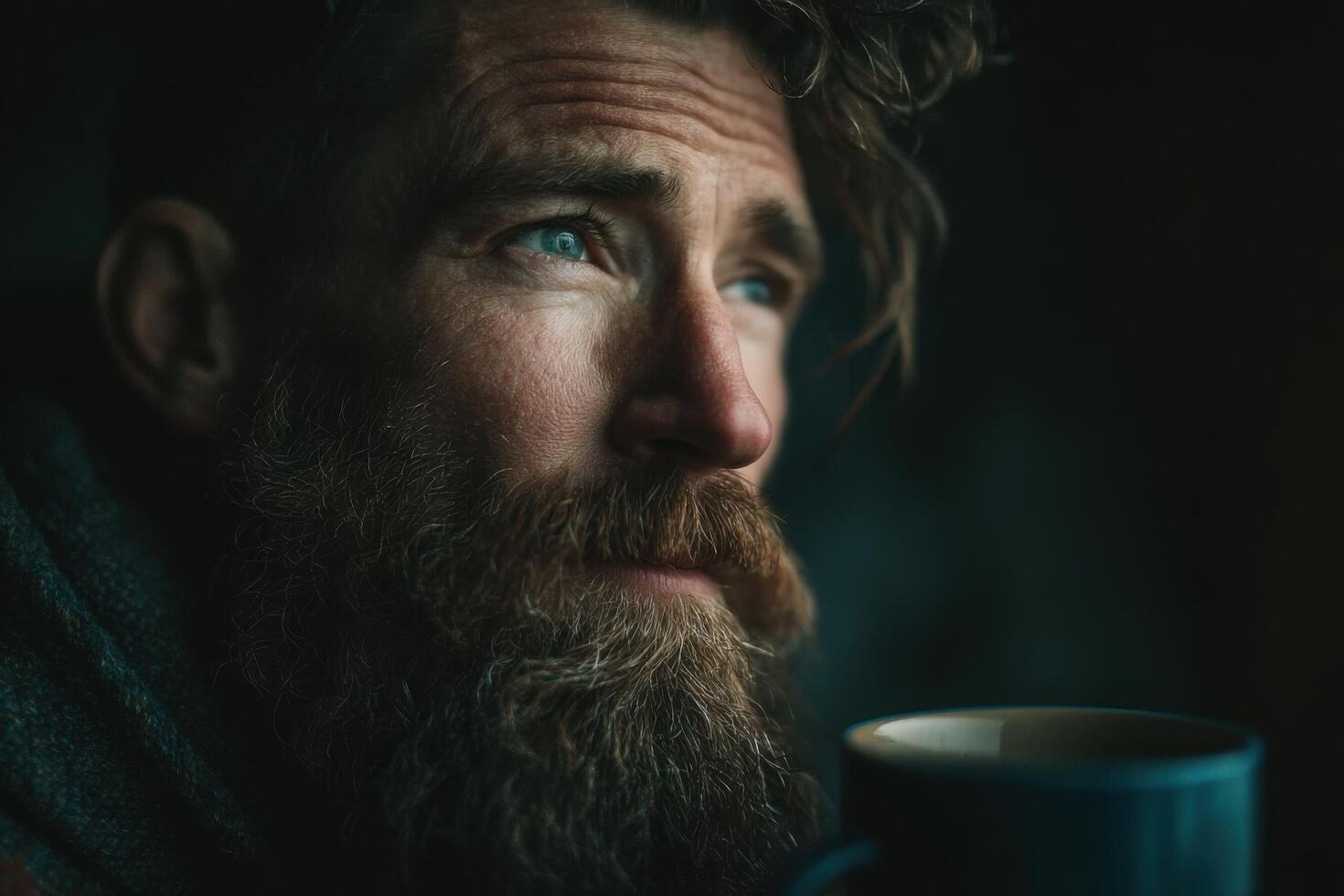 A contemplative man with a thick beard gazes off into the distance, holding a mug in a warm, softly lit environment during the evening photo