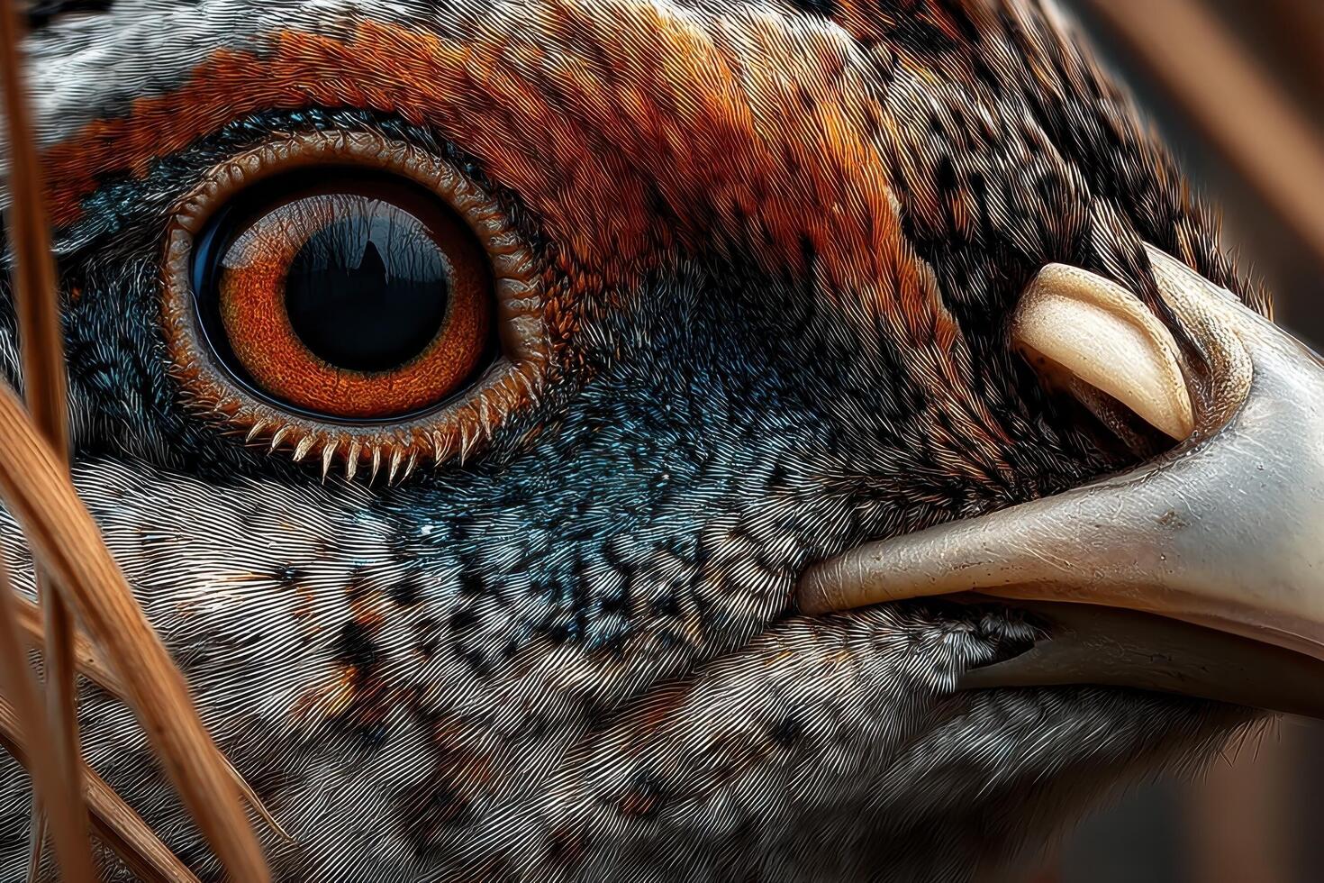Detailed close-up captures a bird's eye with vivid colors and intricate feather patterns, revealing its beauty in a natural environment photo