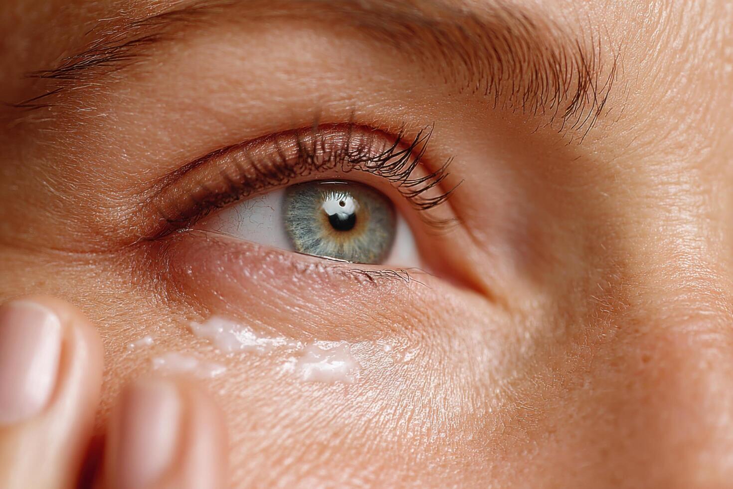 A person gently applies a cream under their eye, highlighting the importance of skincare and self-care routines in a well-lit space photo