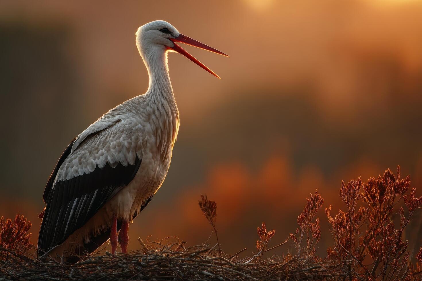 A stork calls out while perched on its nest during a vibrant sunset, surrounded by soft hues of orange and red in the sky and landscape photo