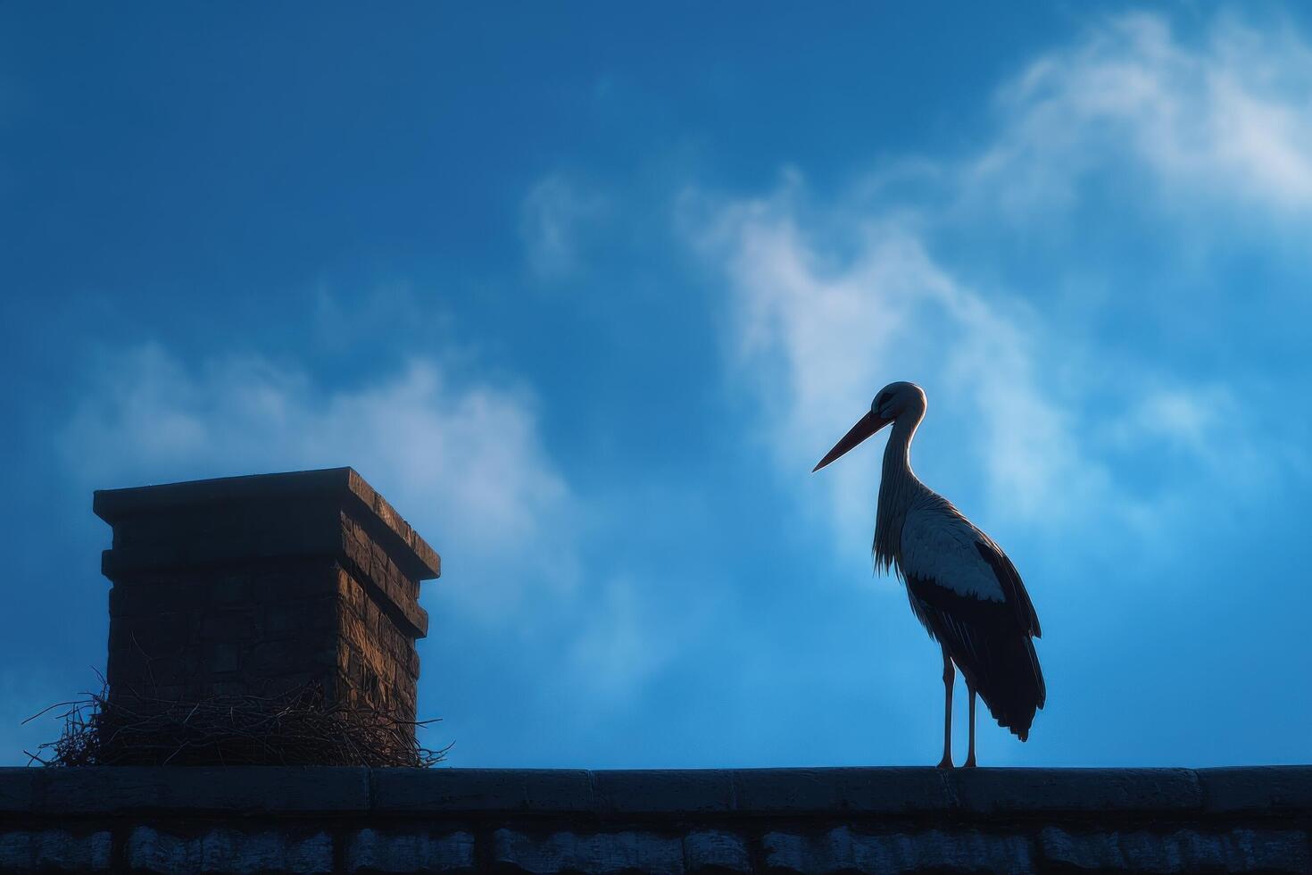 A stork stands motionless on a chimney, silhouetted by a twilight sky filled with soft clouds as day transitions to night photo