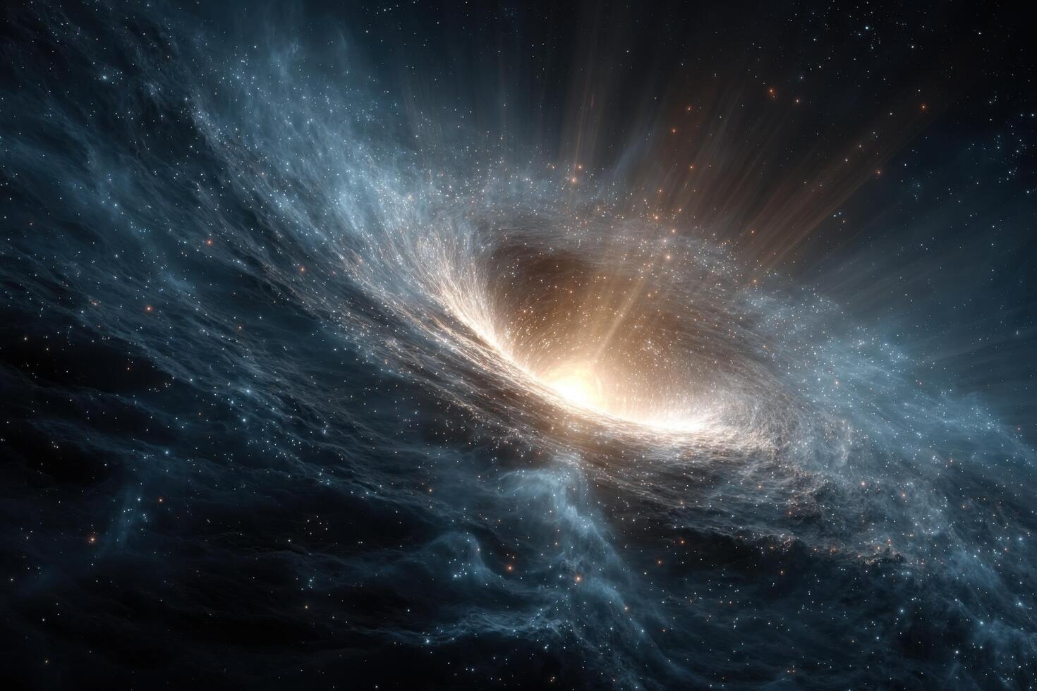 A vibrant swirl of colors radiates from a bright light in the cosmos, surrounded by twinkling stars, embodying the universe's essence photo
