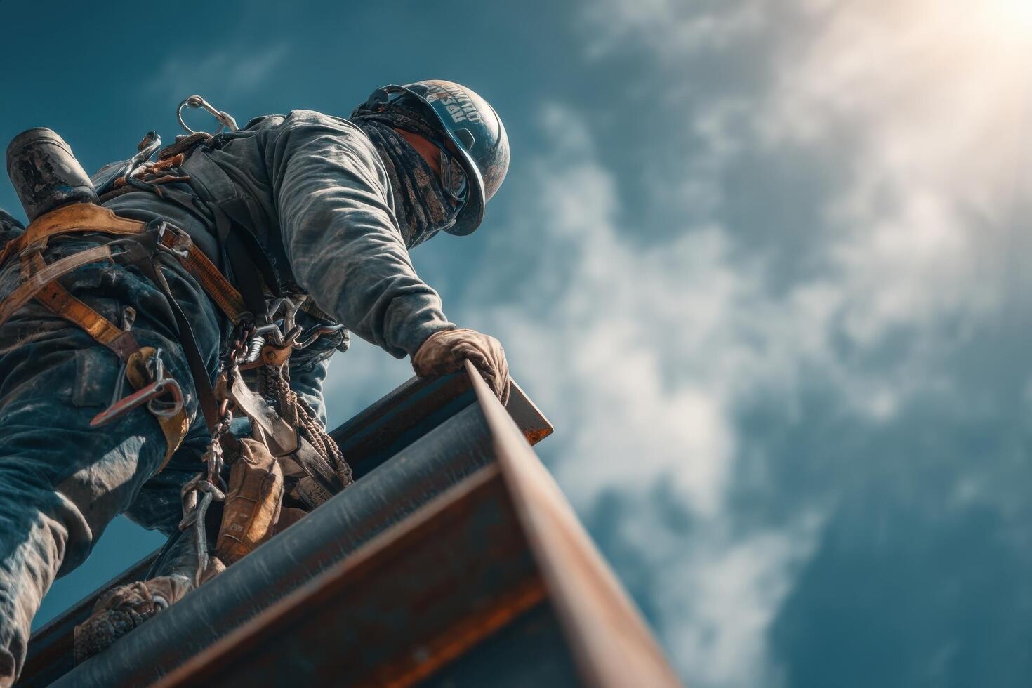 A construction worker ascends a steel beam while wearing safety gear against a vivid blue sky filled with clouds photo