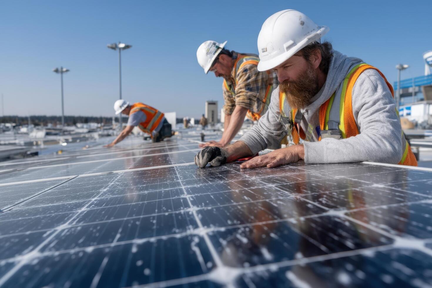 Skilled technicians are engaged in the installation of solar panels on a rooftop, promoting renewable energy solutions in sunny weather photo