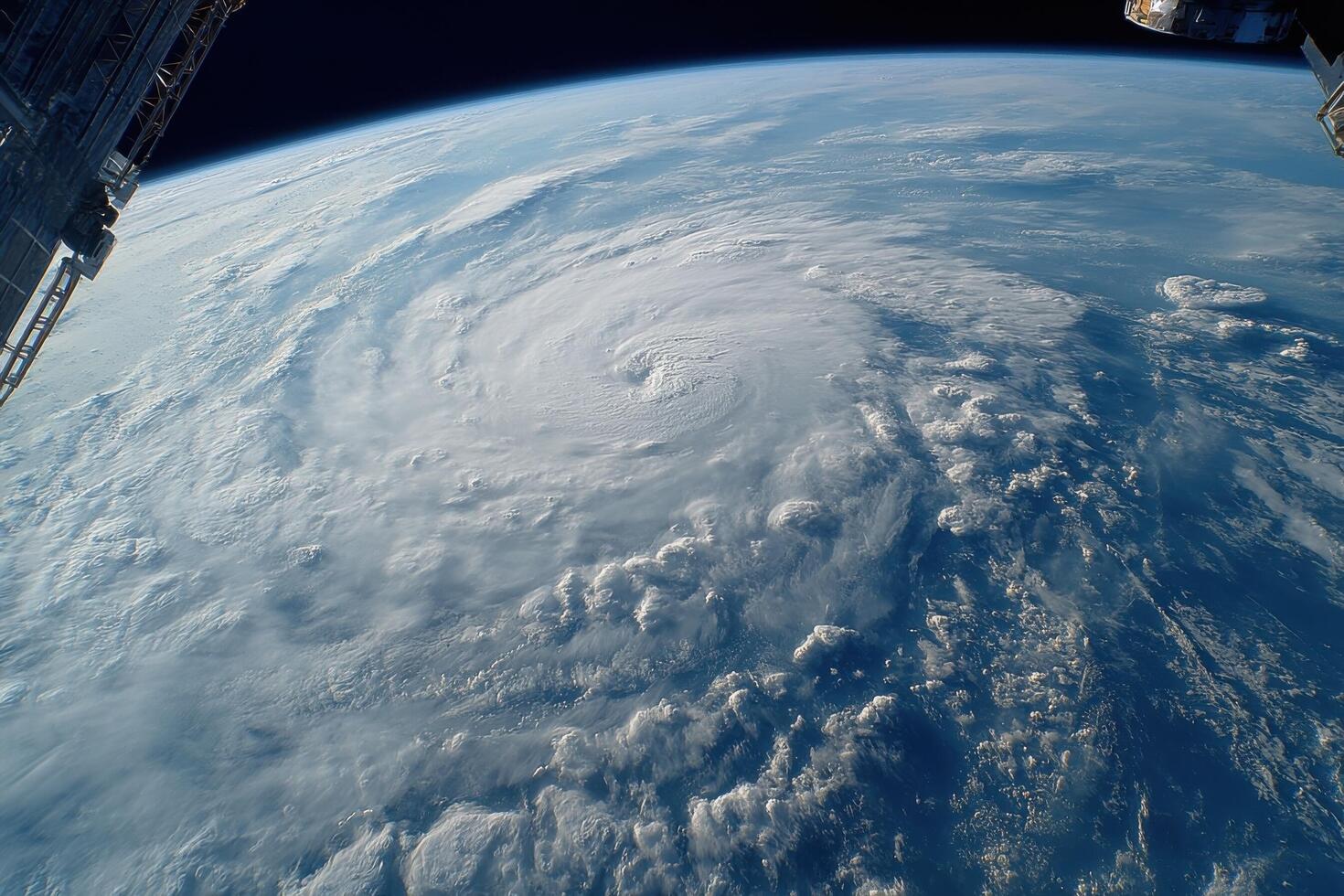 An impressive view of a hurricane rotating above Earth, showcasing clouds and weather patterns from the International Space Station photo