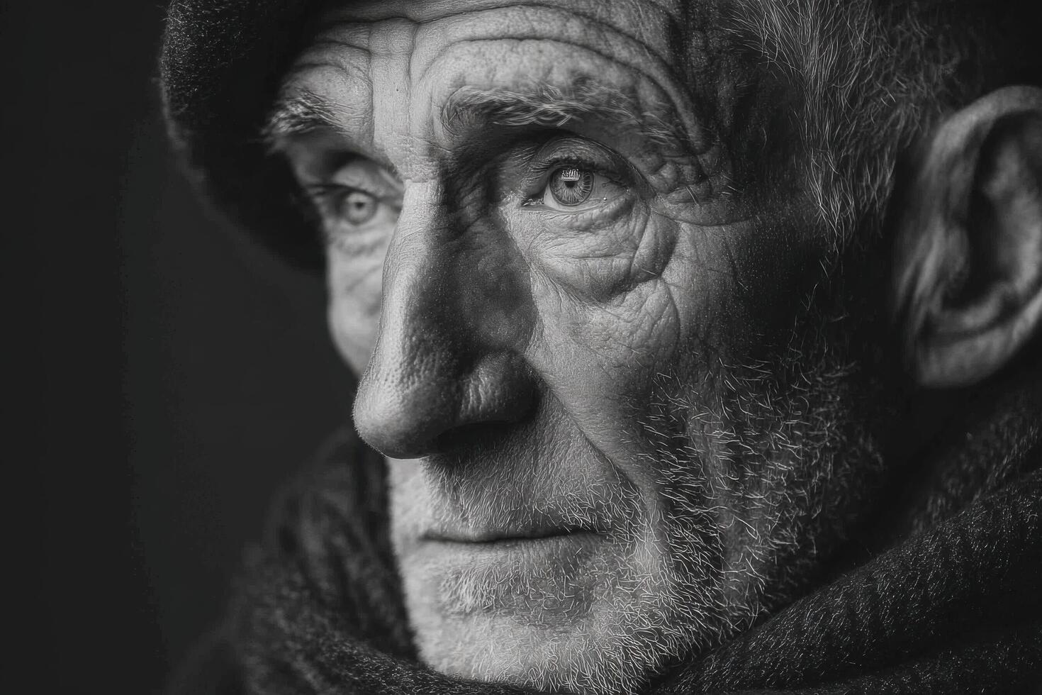 An elderly man with deep-set wrinkles and a thoughtful expression looks off to the side, wrapped warmly in a dark scarf photo