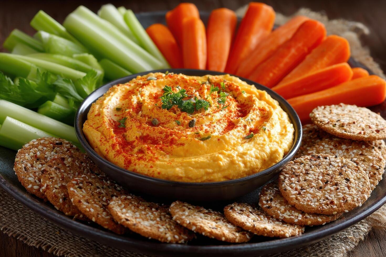 A colorful snack spread showcases fresh carrot sticks, celery, and a creamy hummus dip surrounded by crunchy crackers photo