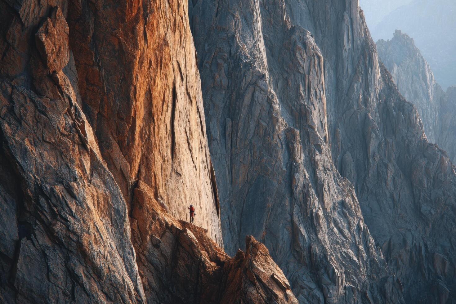 A climber ascends a steep, rocky cliff at sunset, surrounded by towering mountain peaks and stunning natural beauty photo