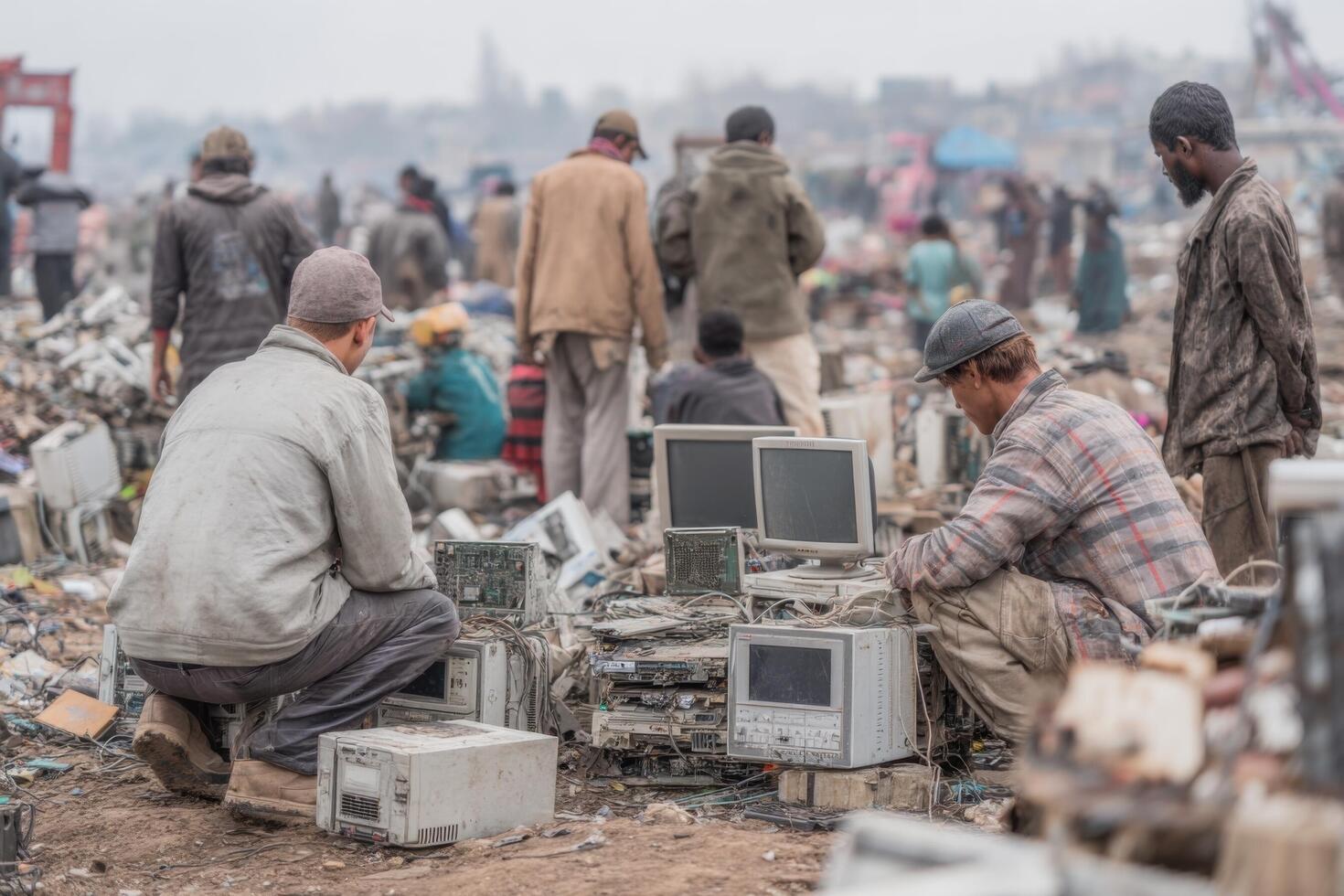 Groups of individuals are engaged in sorting and dismantling electronic devices in a large junkyard during a cloudy day photo
