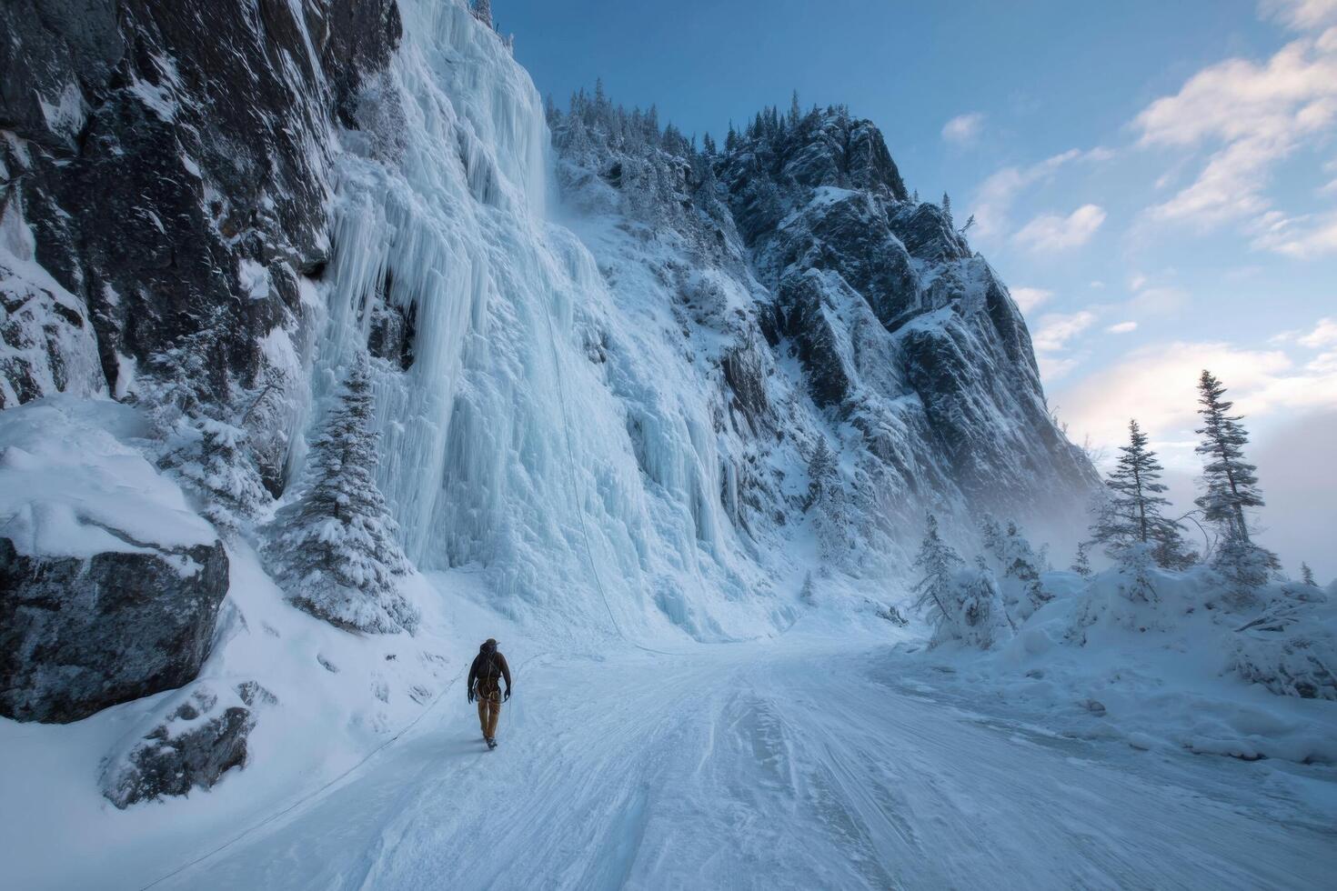 A lone figure treks through a snowy path towards a majestic frozen waterfall surrounded by towering trees in an icy landscape photo