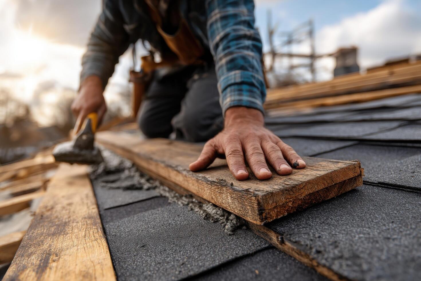 A worker carefully places roofing shingles on wooden beams while sunlight casts a warm glow in the background during early evening photo