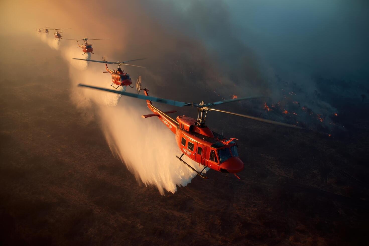 Multiple helicopters drop water on an active wildfire, creating a dramatic view against the backdrop of smoke and flames at dusk photo