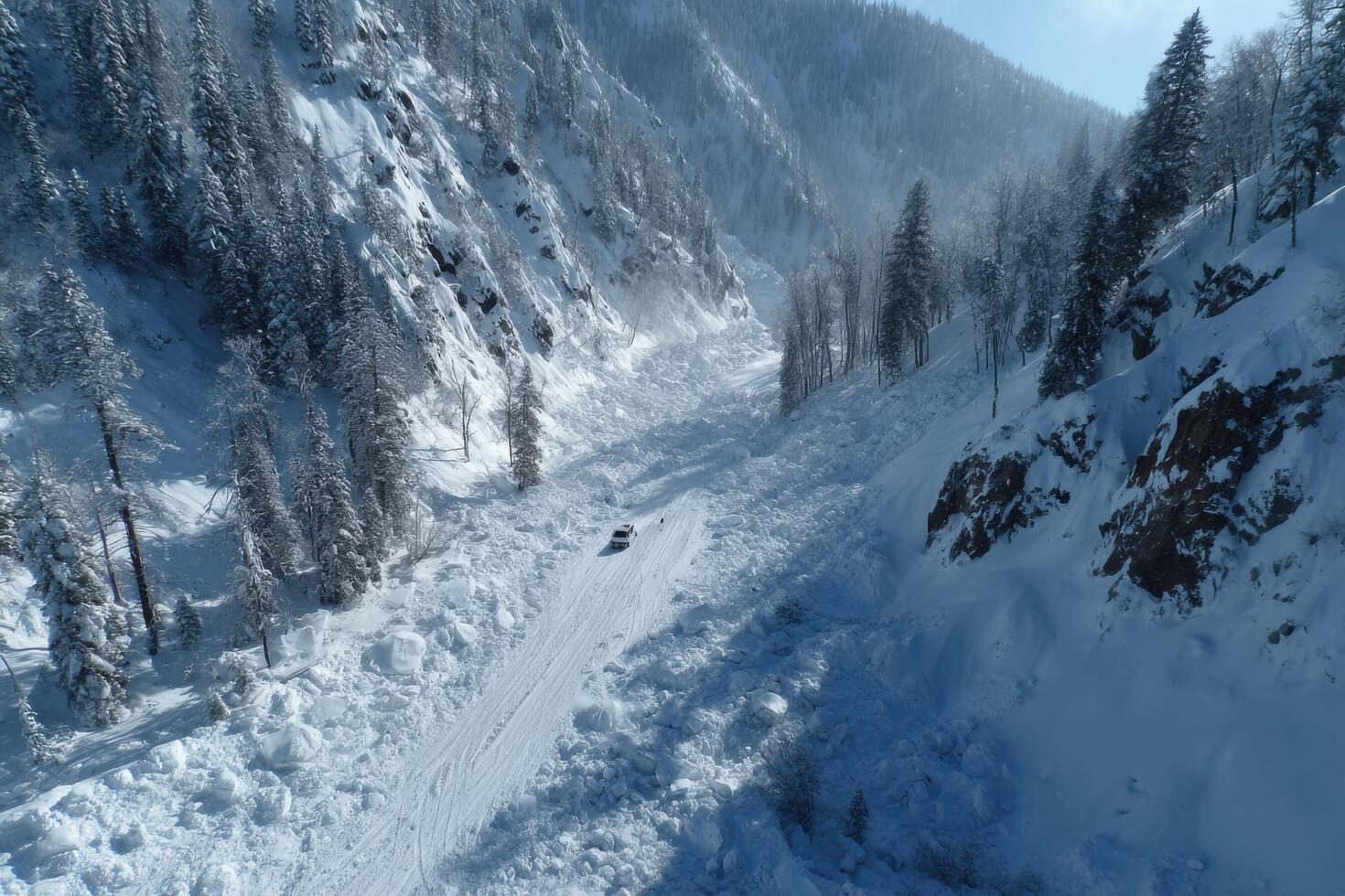 A lone vehicle maneuvers through a snow-covered valley surrounded by tall trees and mountains, showcasing the aftermath of an avalanche photo