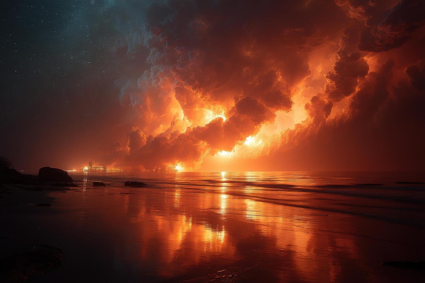 Bright orange and red clouds cast reflections on calm waters as a striking sunset unfolds over the beach photo