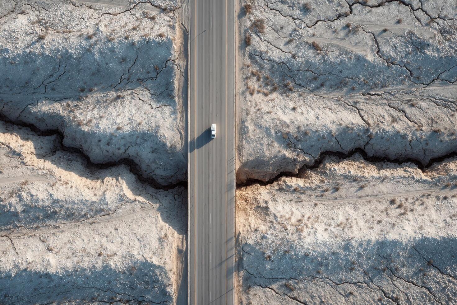 A lone vehicle navigates a cracked and arid landscape under clear skies, highlighting drought's impact on the terrain photo