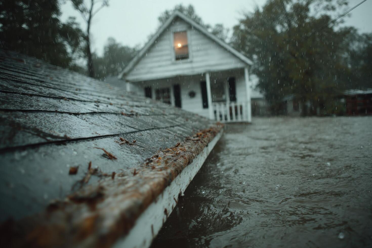 Heavy rainfall causes significant flooding, submerging the front yard and approaching the house in a quiet rural neighborhood photo