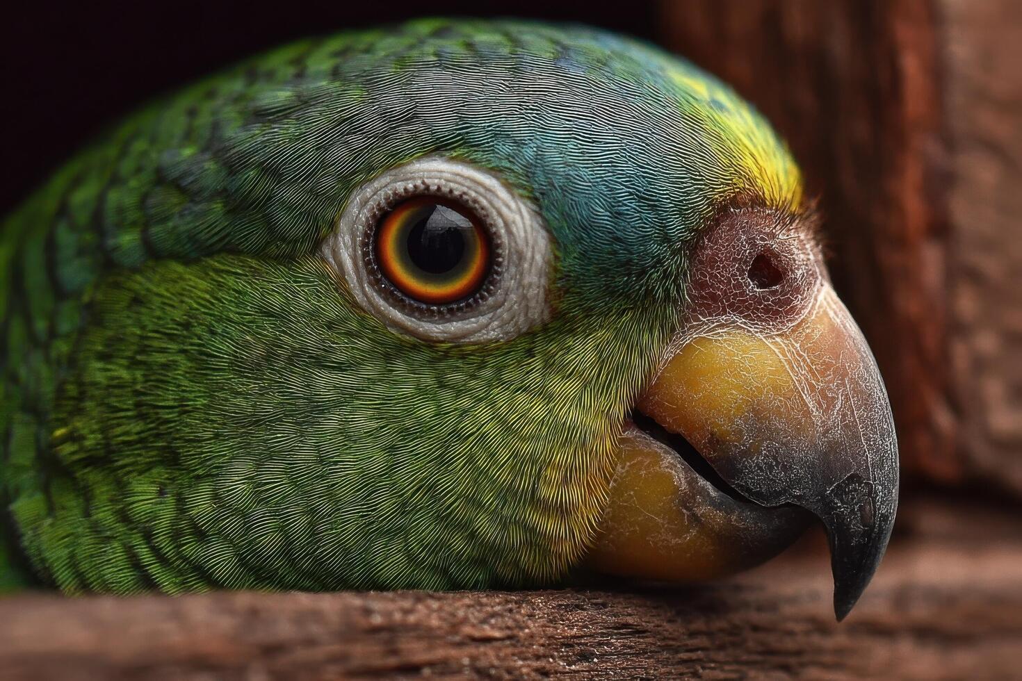 A colorful parrot peers out from its resting place, showcasing its intricate feathers and bright eye while surrounded by natural textures photo
